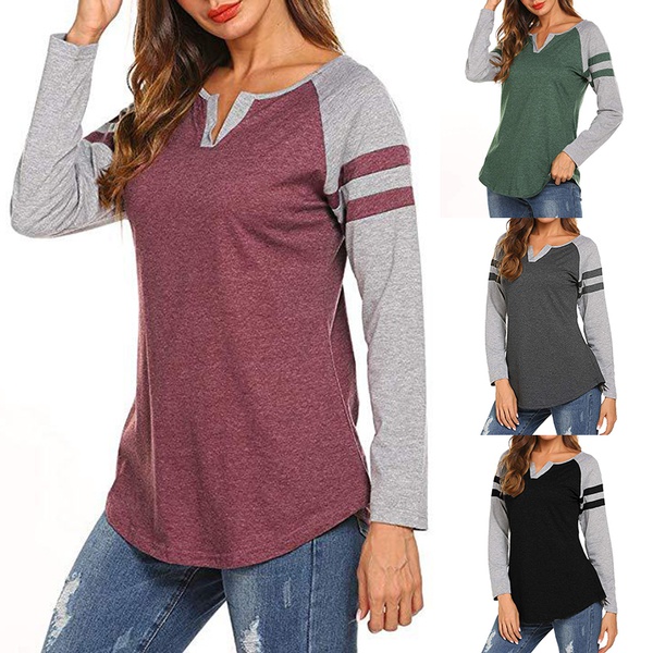 V-neck Color Block Color block long sleeve casual T-shirt