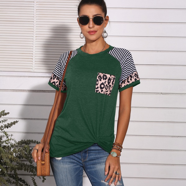 Pretty Striped Leopard Printed Splice Tee