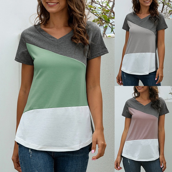 Casual V Neck Short-sleeve Splice Colorblock Tee For women