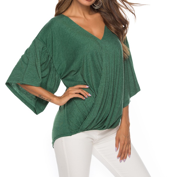 Pretty V Neck Flounce- sleeve Solid Loose Tee