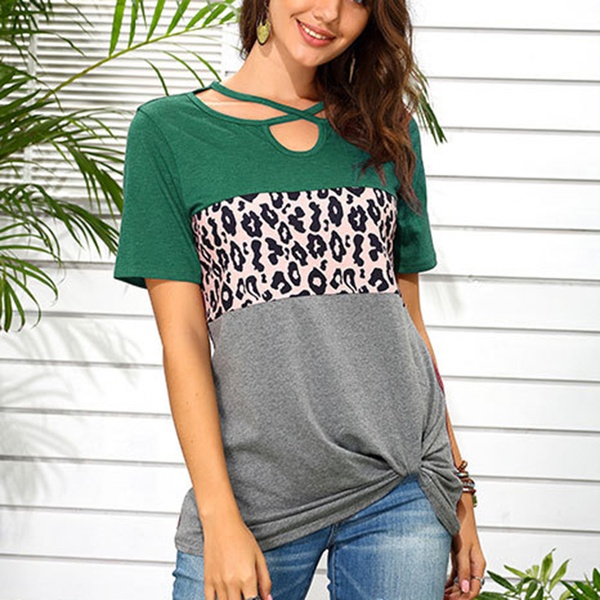 Casual Short-sleeve Leopard Splice Loose Tee