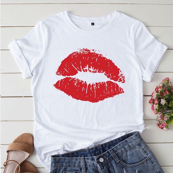 Casual Short-sleeve Round-collar Lip Printed Tee