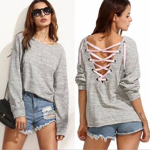 Casual Solid Long-sleeve Sennit Backless Tee